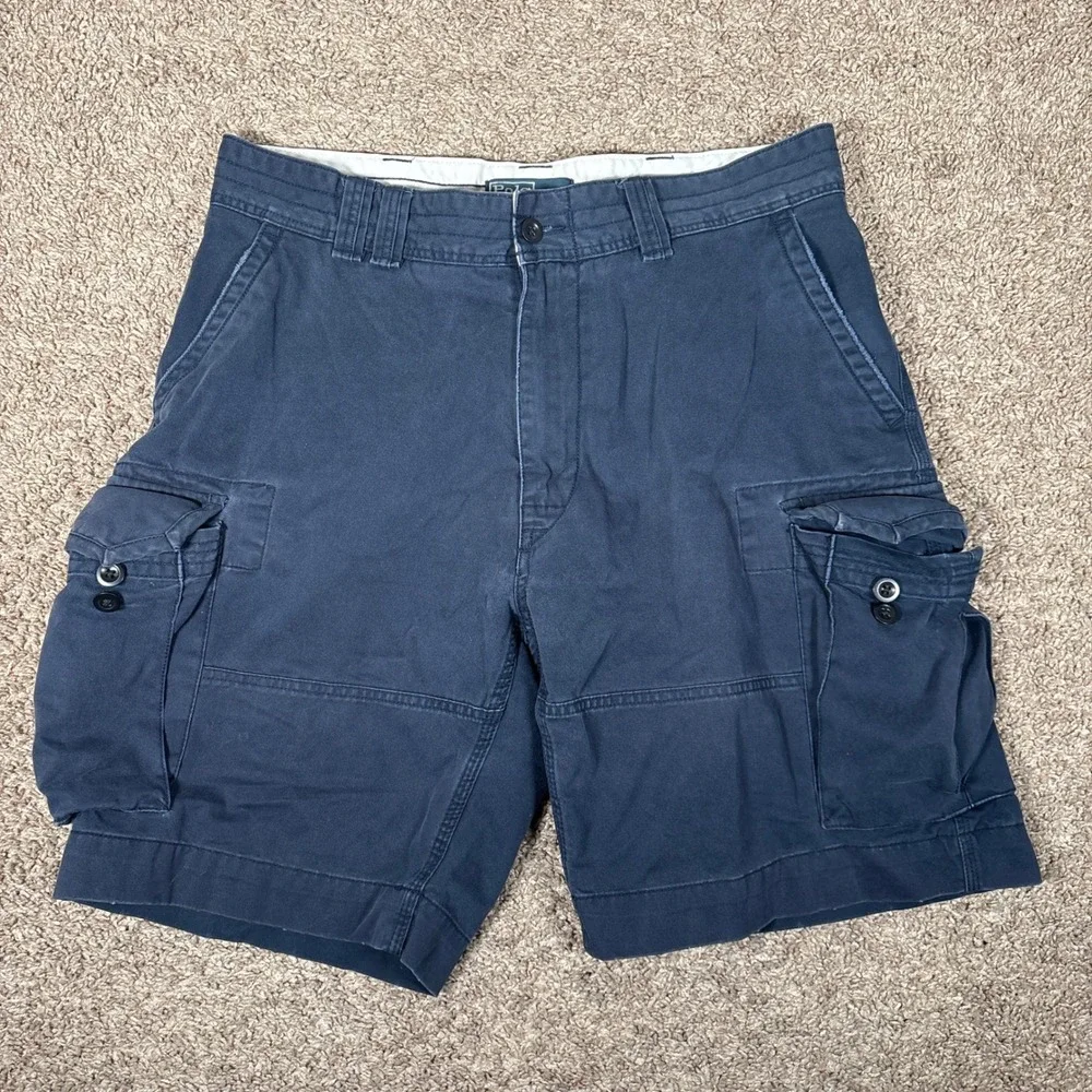 Vintage Polo Ralph Lauren Mens Navy Blue Classic Polo Chino Cargo Shorts Size 35